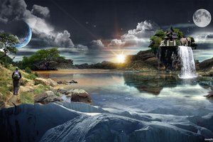 Обои на рабочий стол: вода, водопад, деревья, дом, луна, небо, небосвод, облака, остров, отражение, планета, река, слон, человек