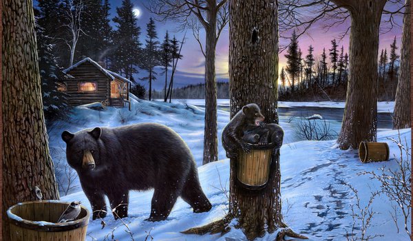 Обои на рабочий стол: ervin molnar, midnight snack, дом, зима, избушка, картина, лес, луна, медведь, медвежата, природа, река