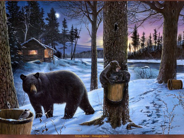 ervin molnar, midnight snack, дом, зима, избушка, картина, лес, луна, медведь, медвежата, природа, река