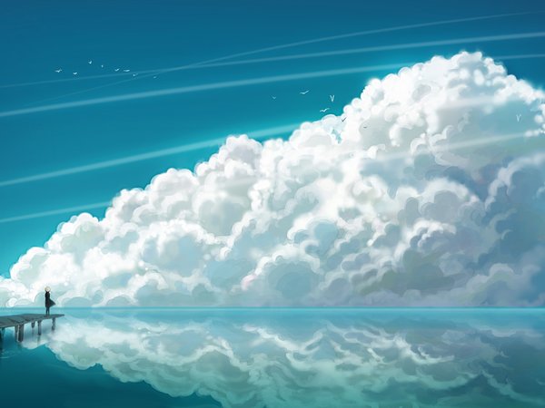 аниме, девочка, море, облака, чайки