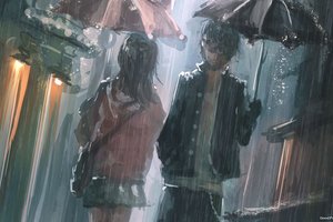 Обои на рабочий стол: аниме, дождь, зонт, мужчина