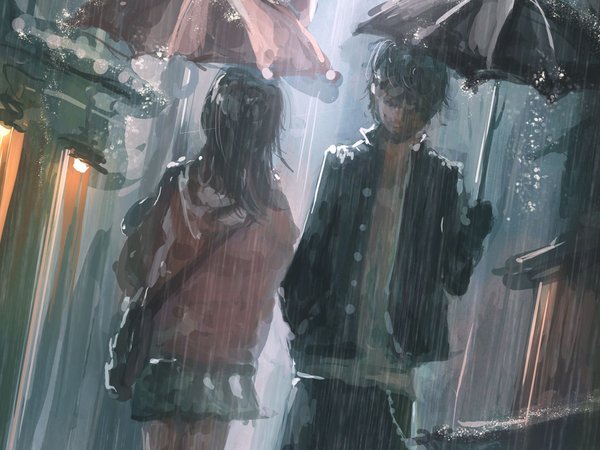 аниме, дождь, зонт, мужчина