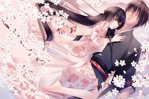 Обои на рабочий стол: fuuchouin kazuki, аниме, весна, двое, кимоно, любовь, настроение, нежность, сакура, цветы, япония