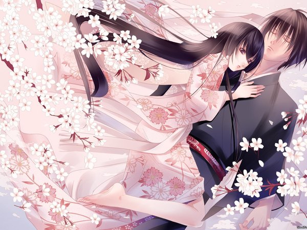 fuuchouin kazuki, аниме, весна, двое, кимоно, любовь, настроение, нежность, сакура, цветы, япония