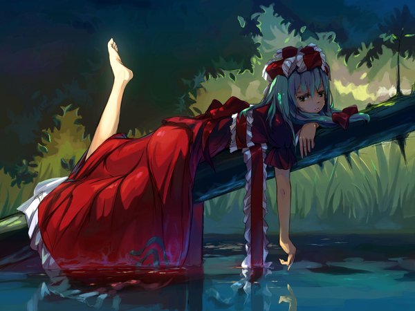 touhou, аниме, бревно, вода, лежит