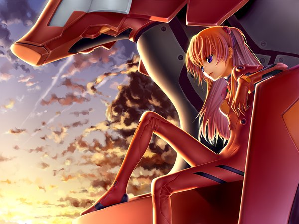 neon genesis evangelion, soryu asuka, девушка, закат, костюм, облака