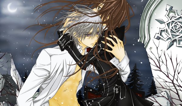 Обои на рабочий стол: kiryu zero, vampire knight, yuuki cross, ветер, луна, ночь, объятия, плита, рыцарь-вампир, снег