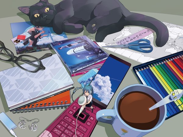 hatsune miku, vocaloid, карандаши, карта, кот, кошка, кружка, мобильник, наушники, очки, стол, телефон