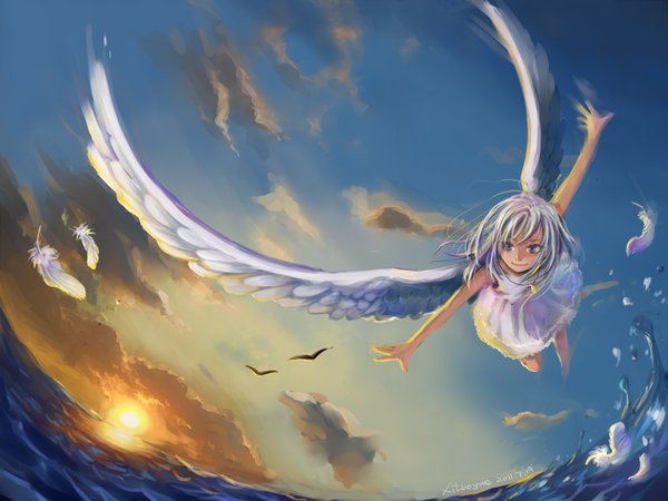 marera gatsu, ангел, вода, девушка, крылья, море, перья, полет, солнце, чайки