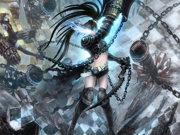 black rock shooter, dead master, okaba (artist), девушка, магия, оружие, цепи