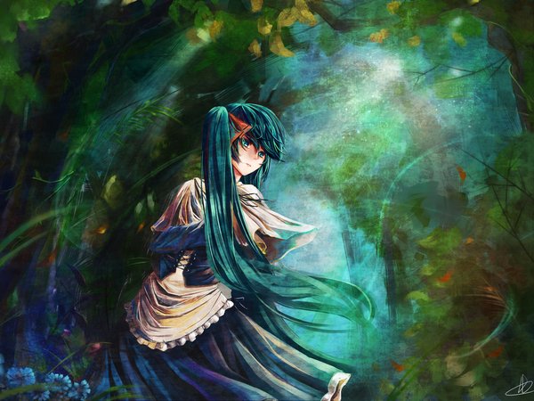 hatsune miku, аниме, вокалоид, лес, синие волосы