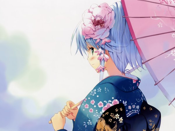 аниме, взгляд, девушка, зонт, цветок, юката