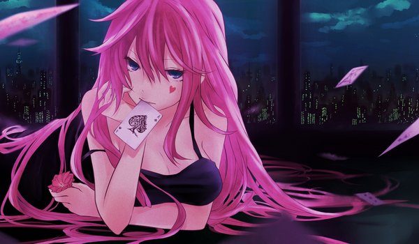 Обои на рабочий стол: megurine luka, аниме, девушка, карты, небо, окно, сердечко, туз пик, цветок