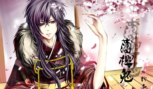 Обои на рабочий стол: Hakuouki, Saitou Hajime, демоны бледной сакуры, иероглифы, парень, сайто, сакура, самурай, цветы