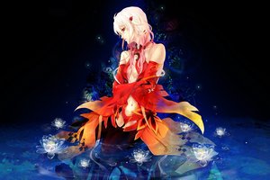 Обои на рабочий стол: girl, guilty crown, inori, lotos, river, аниме, белый, вода, корона вины, лотос, ночь, розовое