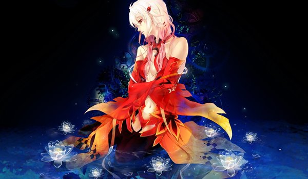 Обои на рабочий стол: girl, guilty crown, inori, lotos, river, аниме, белый, вода, корона вины, лотос, ночь, розовое