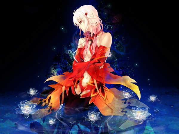 girl, guilty crown, inori, lotos, river, аниме, белый, вода, корона вины, лотос, ночь, розовое