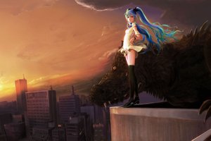 Обои на рабочий стол: hatsune miku, vocaloid, город, девушка, закат, монстр, ящер