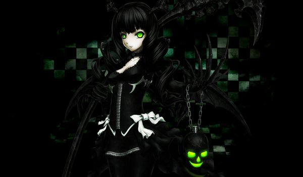 Обои на рабочий стол: black rock shooter, dead master, бант, девушка, закрученные волосы, зелёные глаза, когти, легкая улыбка, надпись, рога, цепь, череп, чёрные волосы