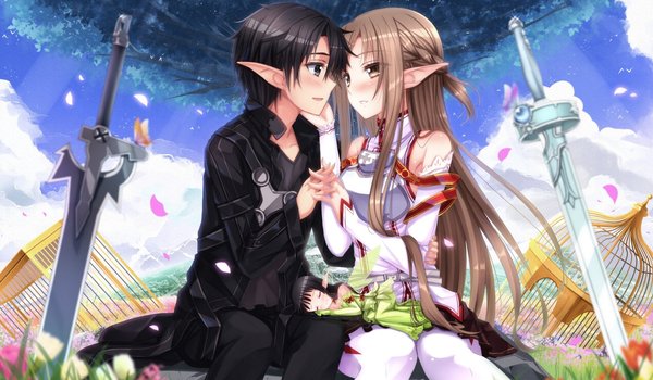 Обои на рабочий стол: kirito, kirugaya kazuto, sword art online, yuuki asuna, бабочка, закрытые глаза, клетка, коса, легкая улыбка, лепестки, меч, облака, оружие, острые уши, румянец, спит, цветы, эльф