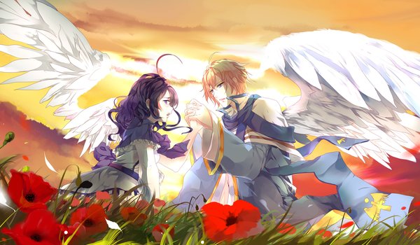 Обои на рабочий стол: aiki-ame, art, влюбленные, двое, девушка, закат, крылья, парень, поляна, цветы