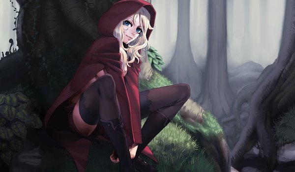 Обои на рабочий стол: cozy, little red riding hood, арт, девочка, деревья, красная шапочка, лес, плащ