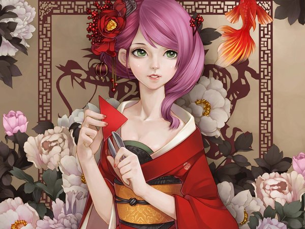 dong xiao, арт, бумага, девушка, золотая, кимоно, ножницы, пионы, рыба, рыбка, цветы