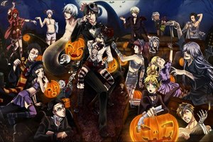 Обои на рабочий стол: halloween, kuroshitsuji, арт, бинты, луна, мумия, ночь, праздник, темный дворецкий, тыквы, хеллоуин, череп
