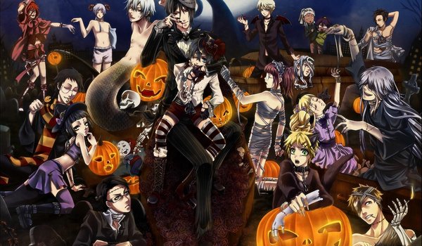 Обои на рабочий стол: halloween, kuroshitsuji, арт, бинты, луна, мумия, ночь, праздник, темный дворецкий, тыквы, хеллоуин, череп