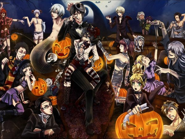 halloween, kuroshitsuji, арт, бинты, луна, мумия, ночь, праздник, темный дворецкий, тыквы, хеллоуин, череп
