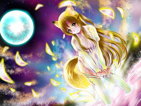 aka kitsune, sword art online, yuuki asuna, аниме, арт, вода, девушка, лепестки, луна, небо, ночь, природа, ушки, хвост