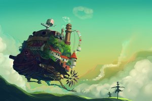 Обои на рабочий стол: Howl's Moving Castle, арт, мальчик, пугало, трава, Хаяо Миядзаки, Ходячий Замок Хаула, холмы