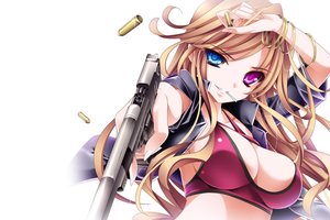 Обои на рабочий стол: daifuku, moneti, арт, девушка, оружие, патроны, пистолет