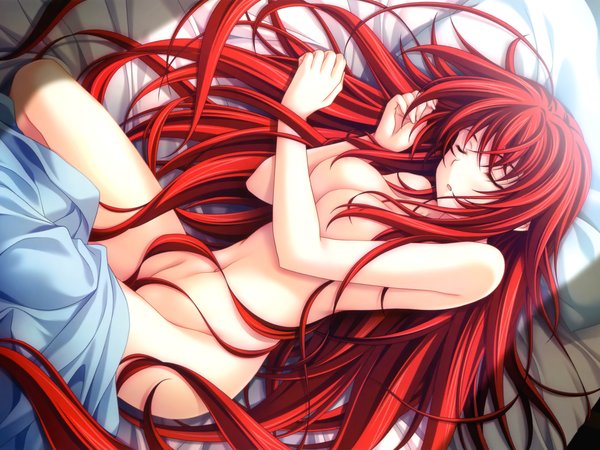 art, highschool dxd, miyama zero, rias gremory, грудь, девушка, обнажена, постель, сон