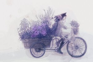 Обои на рабочий стол: аниме, велосипед, парень, тележка, цветы