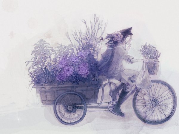 аниме, велосипед, парень, тележка, цветы