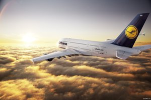 Обои на рабочий стол: a380, airbus, lufthansa, высота, горизонт, закат, лайнер, лучи, небо, облака, пассажирский, полет, самолёт, солнце