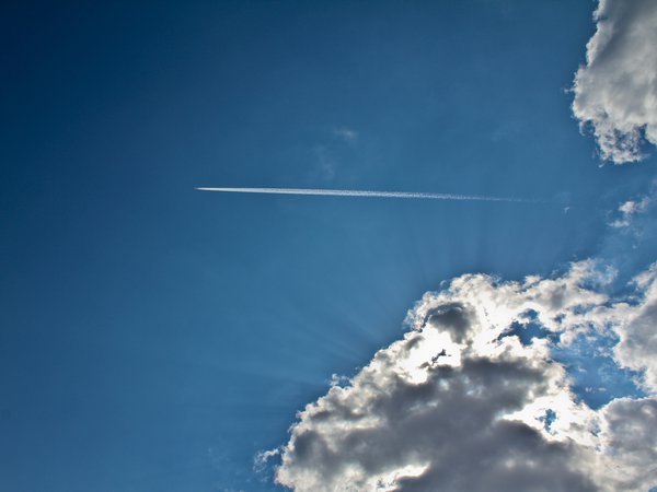 airplane, blue, clouds, sky, лучи, небо, облака, самолёт, свет, синее