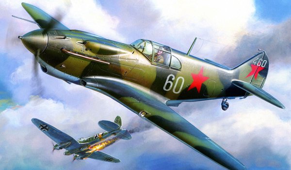 Обои на рабочий стол: He 111, Heinkel, бомбардировщик, война, истребитель, Лавочкин-Горбунов-Гудков, ЛаГГ-3, огонь, подбит