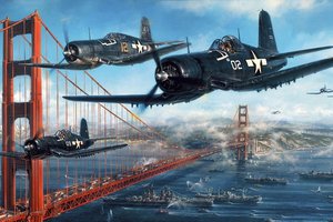 Обои на рабочий стол: Chance Vought F4U Corsair, Golden Gate Bridge, John D. Shaw, ввс сша, корабли, мост золотые ворота, палубный истребитель, пролив, рисунок, самолёт, Чанс-Воут F4U Корсар