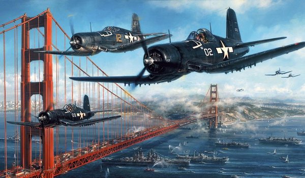 Обои на рабочий стол: Chance Vought F4U Corsair, Golden Gate Bridge, John D. Shaw, ввс сша, корабли, мост золотые ворота, палубный истребитель, пролив, рисунок, самолёт, Чанс-Воут F4U Корсар