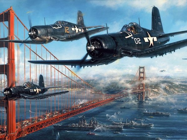 Chance Vought F4U Corsair, Golden Gate Bridge, John D. Shaw, ввс сша, корабли, мост золотые ворота, палубный истребитель, пролив, рисунок, самолёт, Чанс-Воут F4U Корсар