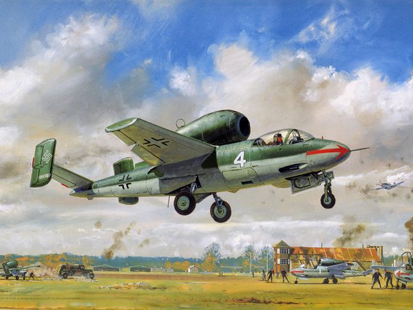 He-162, Volksjäger, аэродром, взлет, война, здания, истребитель, люди, небо, немецкий, облака, одномоторный, реактивный, рисунок, самолёты, Хейнкель