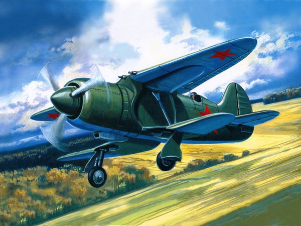 (истребитель складной 2), 1939-1941гг.., взлет, деревья, земля, ИС-2, небо, опытного, поля, рисунок, самолёта, советского