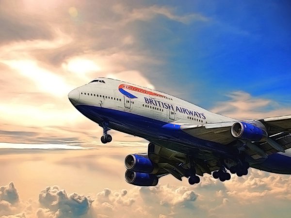 747, boeing, British Airways, Jumbo Jet, Авиалайнер, аэропорт, боинг, В Вохдухе, дальнемагистральный, небо, облака, пассажирский, рисунок, самолёт, Суровые Пилоты