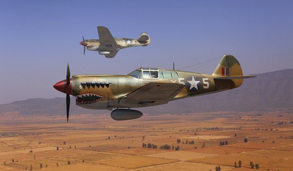 Обои на рабочий стол: (, ), Curtiss P-40, Kittyhawk, Tomahawk, ww2, американские, арт, ВВС Великобритании, истребители, Кёртисс P-40, небо