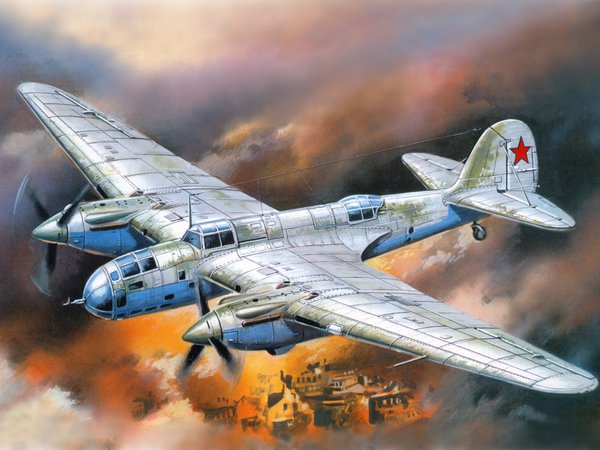 Ар-2, арт, бомбардировщик, вов, город, двухмоторный, дым, небо, пикирующий, пламя, рисунок, советский