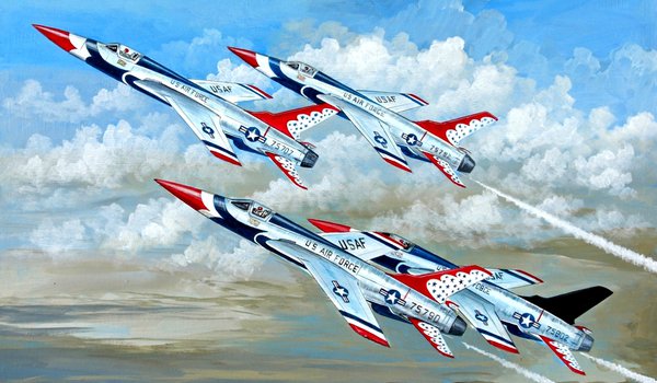 Обои на рабочий стол: F-105, арт, ввс сша, истребители-бомбардировщики, небо, облака, реактивные, рисунок, самолёты