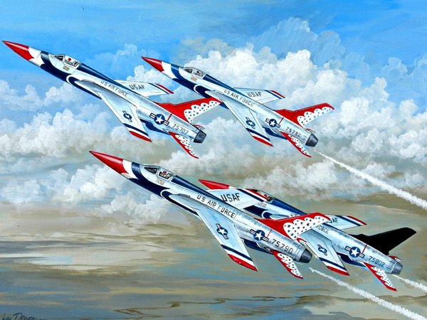 F-105, арт, ввс сша, истребители-бомбардировщики, небо, облака, реактивные, рисунок, самолёты