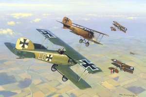 Обои на рабочий стол: 1916год, Albatros, D ID II, DH 2, WW1, английские, арт, воздушный бой, западный, небо, немецкие, рисунок, самолёты, фронт